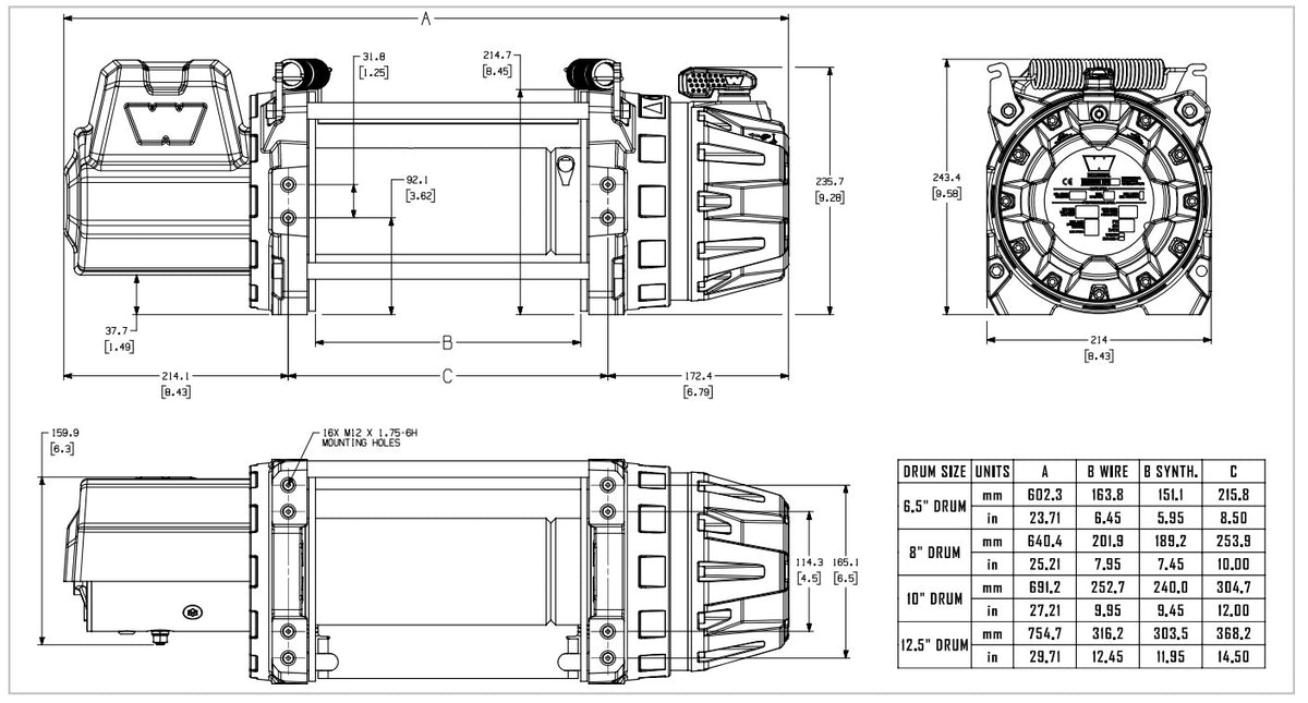 Warn Series G2 Severe Duty 18 DC Winch - 24V - 10" Drum for Wire Rope Drawing